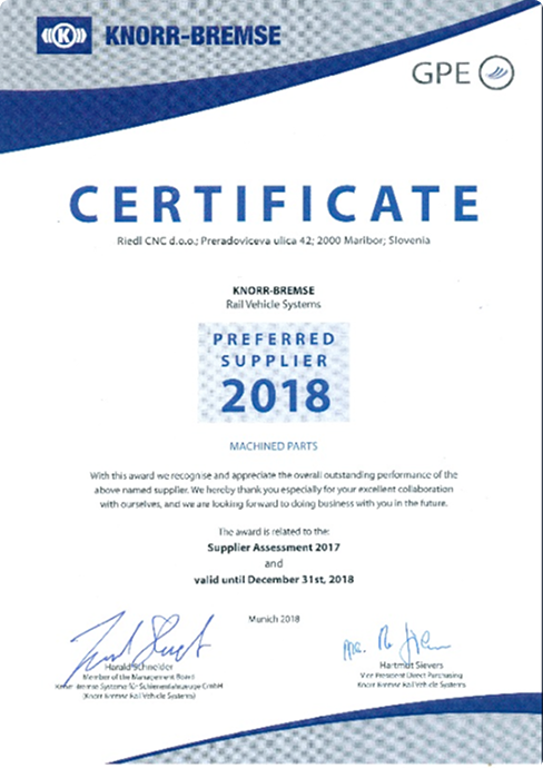 Certificate Preferred supplier Knorr-Bremse, 2018