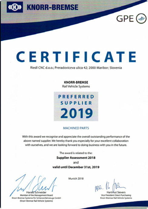 Certificate Preferred supplier Knorr-Bremse, 2019