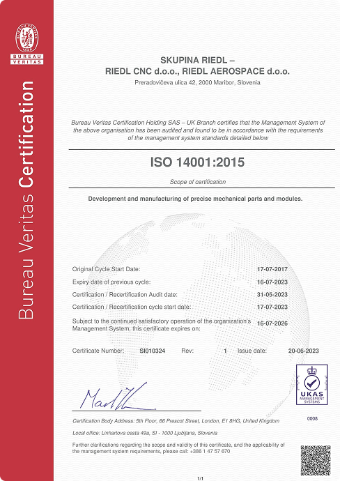 Certificate ISO 14001:2015