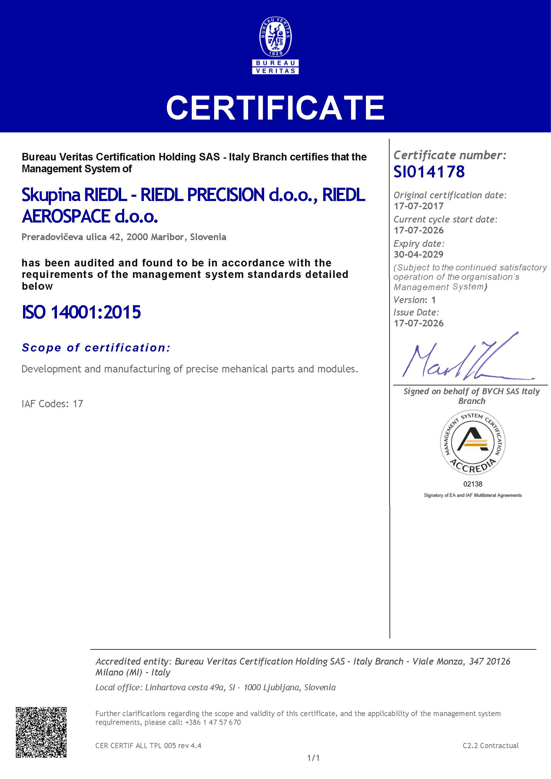 ISO 14001 certificate